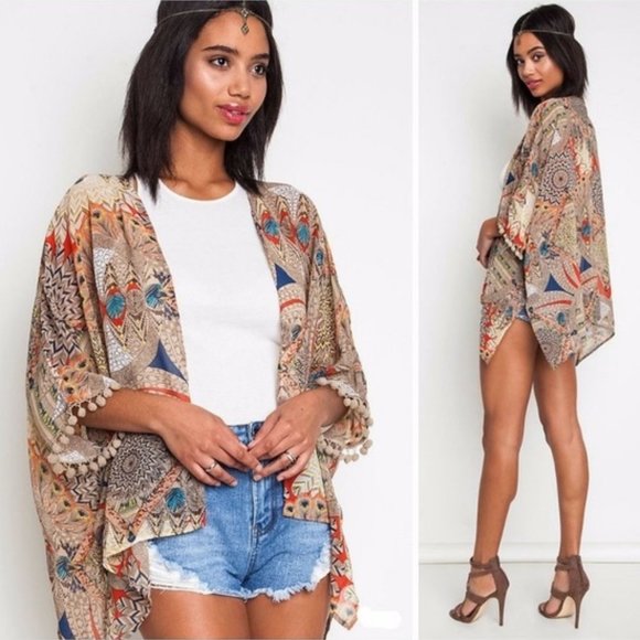 Umgee Tops - UMGEE tribal boho tan kimono Pom Poms